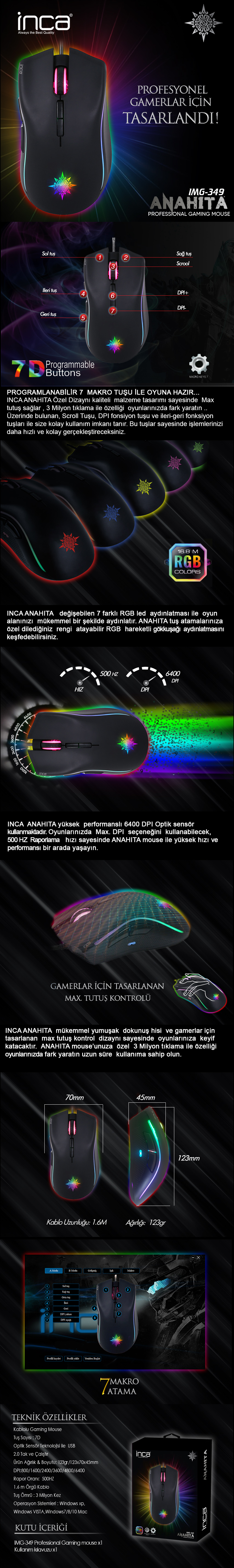 Inca Anahita IMG-349 Makrolu Profesyonel RGB Gaming Mouse - 7 Mod RGB 6400dpi
